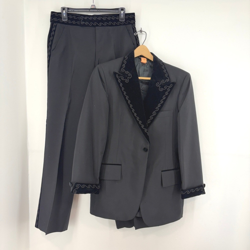 After Six Mens Black Tuxedo Suit Velvet Soutache Trim 38 Reg Vintage 1960s Union